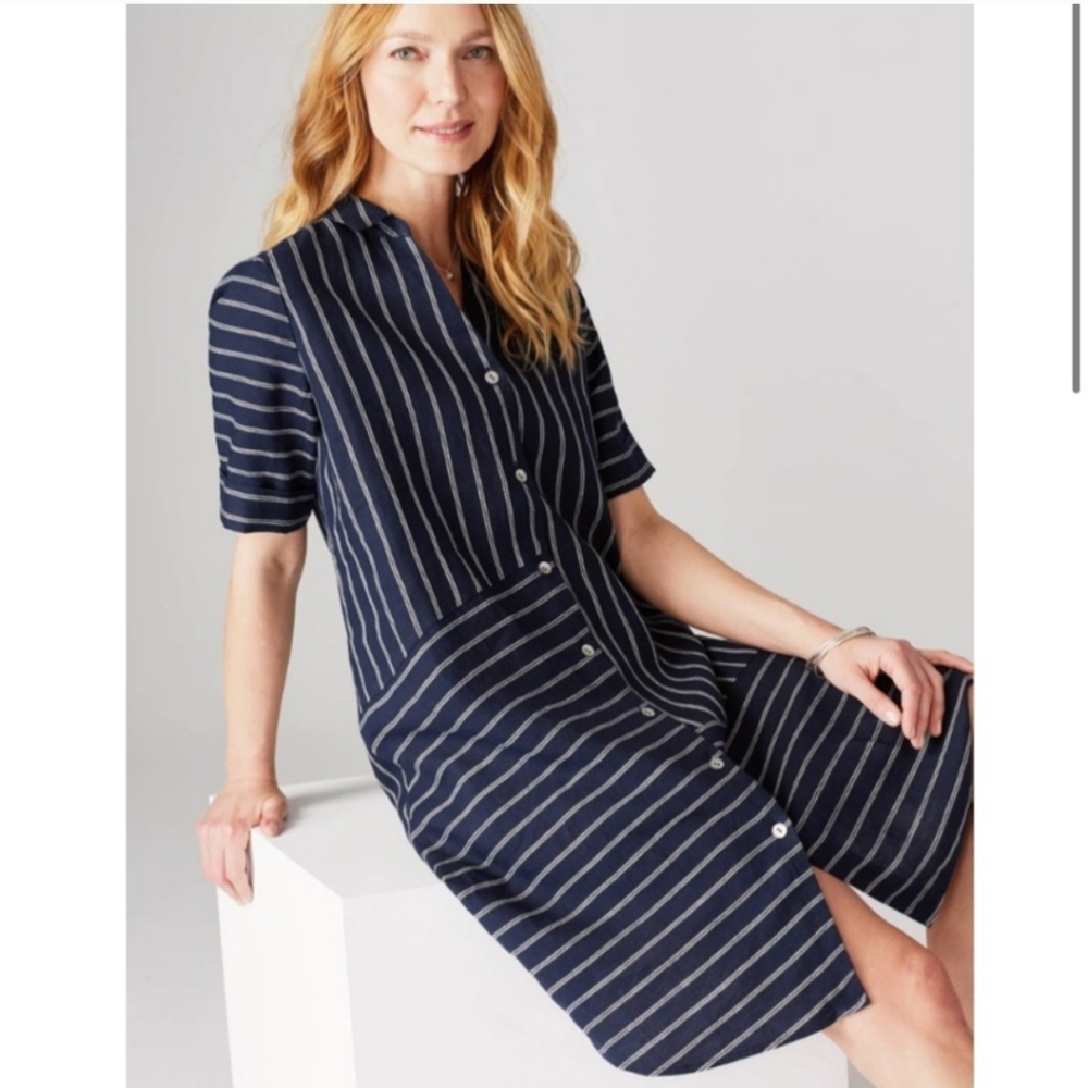 J. Jill Love Linen 100% Striped Shirtdress Lagenlook Asymmetrical in Navy Blue